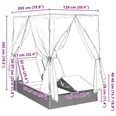 PODWÓJNY LEŻAK Z DACHEM I ZASŁONAMI SZARY POLIRATTAN