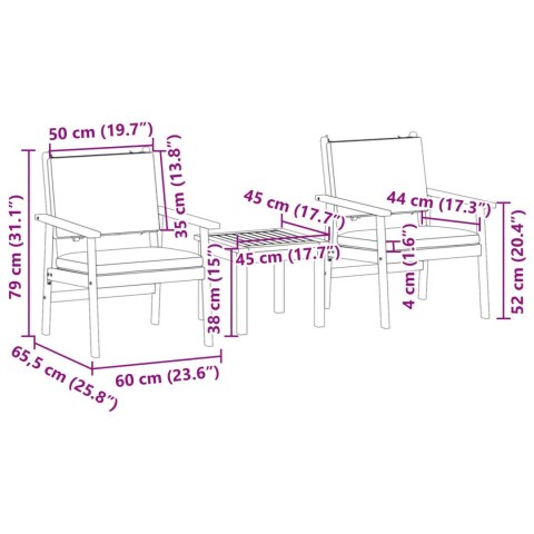 ZESTAW BISTRO DO OGRODU 3-CZĘŚCIOWY Z PODUSZKAMI Z LITEGO DREWNA AKACJOWEGO
