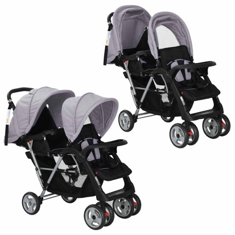 WÓZEK SPACEROWY DLA BLIŹNIĄT TANDEM SZARO-CZARNY