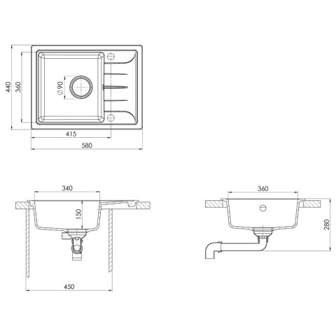 OWALNY ZLEW KUCHENNY Z OTWOREM PRZELEWOWYM CZARNY GRANITOWY