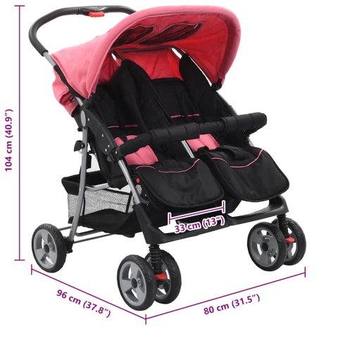 WÓZEK SPACEROWY DLA BLIŹNIAKÓW RÓŻOWO-CZARNY STAL