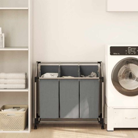 KOSZ NA PRANIE Z KÓŁKAMI 3 PRZEGRODY SZARY