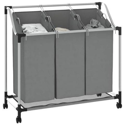 KOSZ NA PRANIE Z KÓŁKAMI 3 PRZEGRODY SZARY