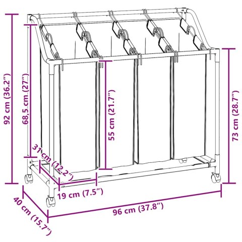 KOSZ NA PRANIE Z KÓŁKAMI 4 PRZEGRODY SZARY