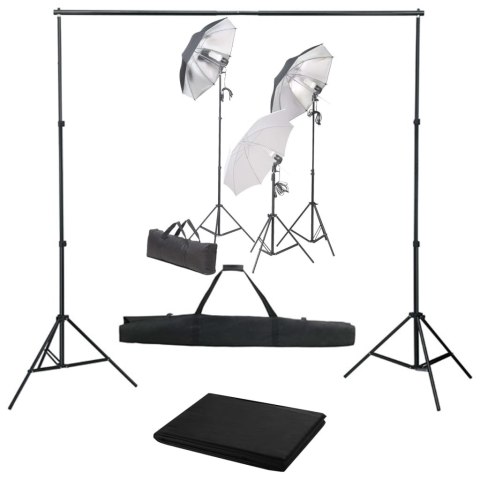 ZESTAW FOTO STUDIO 3 LAMPY PARASOLKI STATYWY CZARNE TŁO 300X300