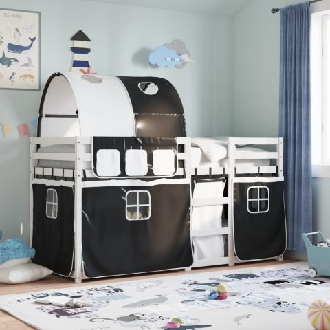 ŁÓŻKO PIĘTROWE Z ZASŁONKAMI BIAŁO-CZARNE 90X190CM SOSNOWE