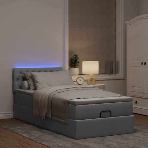 ŁÓŻKO OTTOMAN Z MATERACEM I LED JASNOSZARY 90X200CM TKANINA