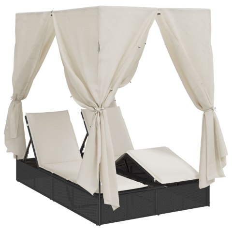 PODWÓJNY LEŻAK Z DASZKIEM I ZASŁONAMI CZARNY Z POLIRATTANU