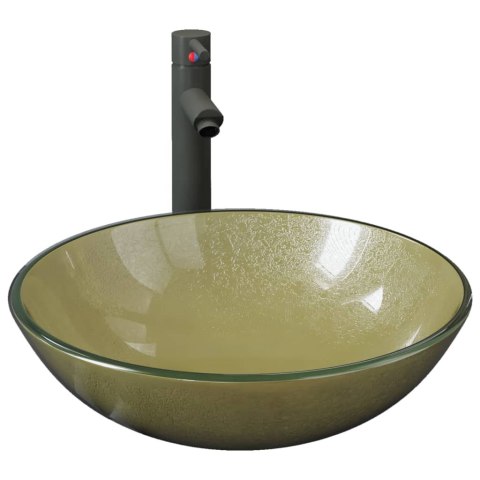 UMYWALKA ŁAZIENKOWA Z KRANEM I KORKIEM ZŁOTA SZKŁO HARTOWANE