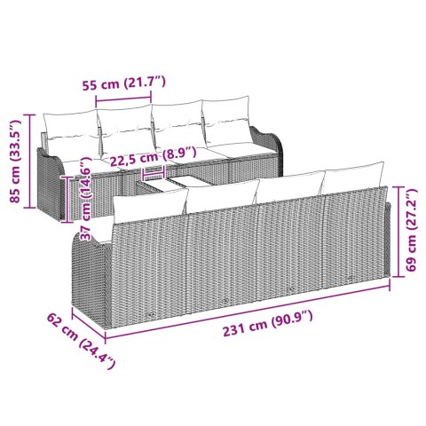 ZESTAW SOFY OGRODOWEJ 9 ELEMENTÓW Z PODUSZKAMI SZARY POLIRATTAN ZESTAW SOFY OGRODOWEJ 2-OSOBOWEJ Z PODUSZKAMI SZA