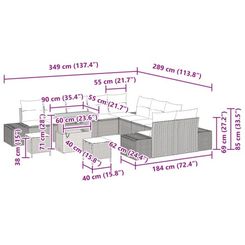 13 ELEMENTOWY ZESTAW KANAP OGRODOWYCH Z PODUSZKAMI BEŻOWY POLIRATTAN AKACJOWY 2-OSOBOWA KANAPA OGRODOWA Z PODUSZK