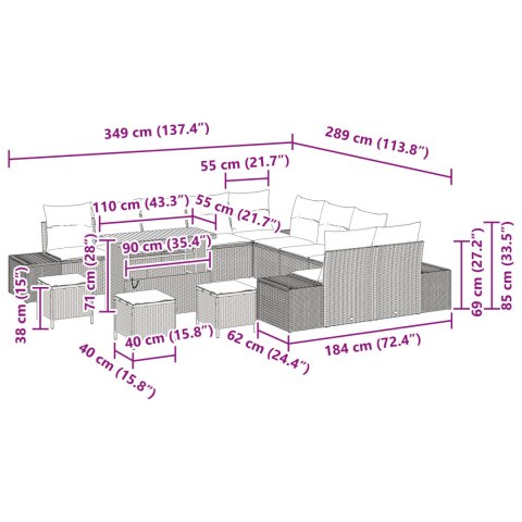 ZESTAW 14-CZĘŚCIOWY KANAPOWY Z PODUSZKAMI CZARNY POLIRATTAN AKACJA DWUMIEJSCOWA KANAPA OGRODOWA Z PODUSZKAMI CZARNY POLIRATTAN,
