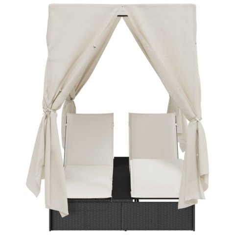 PODWÓJNY LEŻAK Z DASZKIEM I ZASŁONAMI CZARNY Z POLIRATTANU