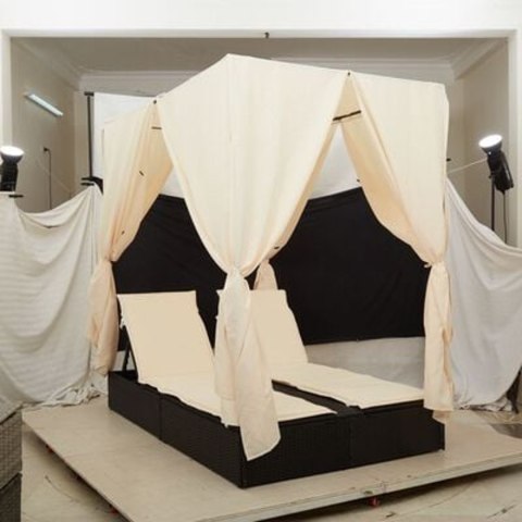 PODWÓJNY LEŻAK Z DASZKIEM I ZASŁONAMI CZARNY Z POLIRATTANU