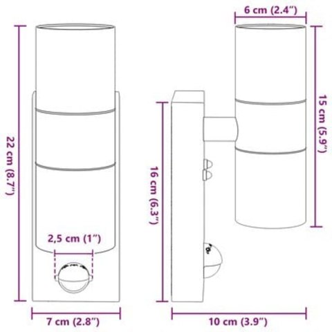 ZEWNĘTRZNE LAMPY ŚCIENNE Z CZUJNIKIEM 2 SZTUKI CZARNA STAL NIERDZEWNA IP44