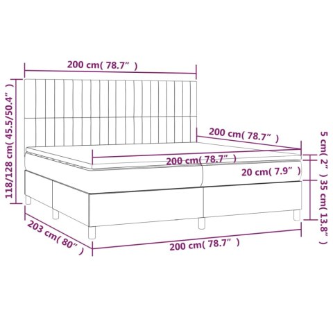 ŁÓŻKO KONTYNENTALNE Z MATERACEM I LED SZARY AKSAMIT 200X200CM