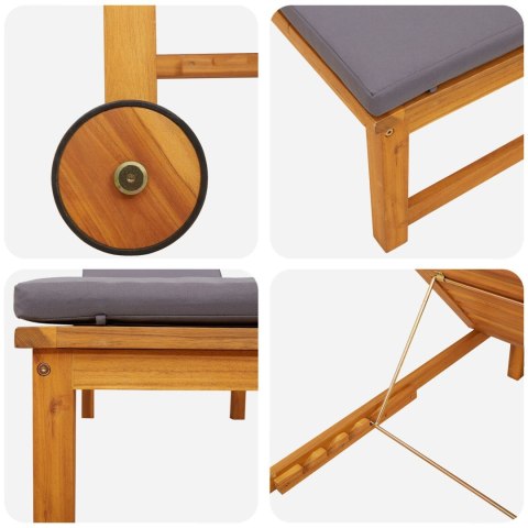 LEŻAKI 2 SZT. Z PODUSZKAMI Z LITEGO DREWNA AKACJOWEGO LEŻAK Z JASNOSZARYMI PODUSZKAMI Z LITEGO DREWNA AKACJOWEGO