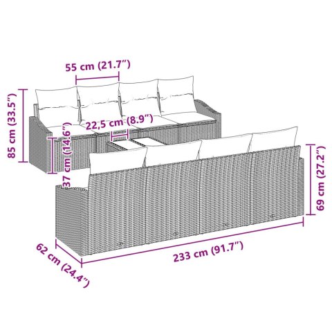 ZESTAW 9 CZĘŚCIOWY SOF OGRODOWYCH Z PODUSZKAMI SZARY POLIRATTAN