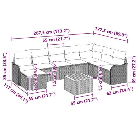 9-CZĘŚCIOWY ZESTAW SOF OGRODOWYCH Z PODUSZKAMI CZARNY POLIRATTAN AKACJA 2-OSOBOWA SOFA OGRODOWA Z PODUSZKAMI CZAR