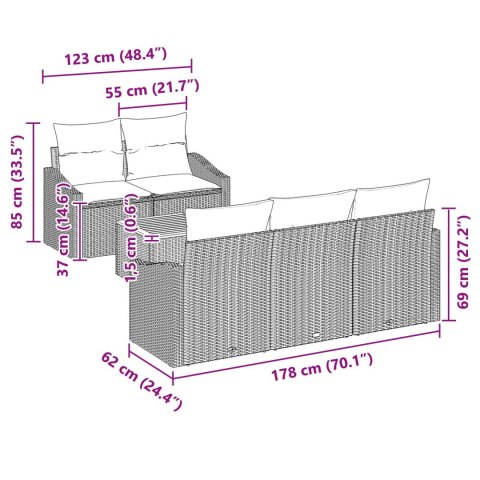 6-CZĘŚCIOWY ZESTAW SOF OGRODOWYCH Z PODUSZKAMI SZARY POLIRATTAN AKACJA