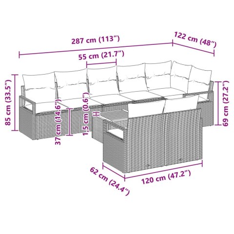 9-CZĘŚCIOWY ZESTAW SOF OGRODOWYCH Z PODUSZKAMI SZARY POLIRATTAN AKACJA 2-OSOBOWA SOFA OGRODOWA Z PODUSZKAMI SZARY
