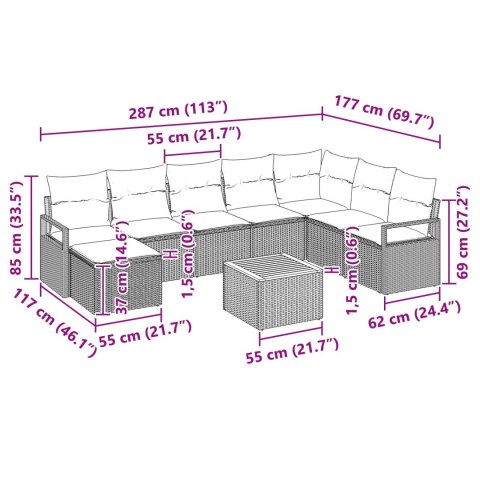 9-CZĘŚCIOWY ZESTAW SOFY OGRODOWEJ Z PODUSZKAMI CZARNY POLIRATTAN AKACJOWY 2-OSOBOWA SOFA OGRODOWA Z PODUSZKAMI CZ