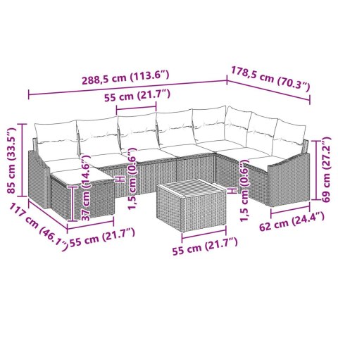 9-ELEMENTOWY ZESTAW SOFY OGRODOWEJ Z PODUSZKAMI SZARY POLIRATTAN AKACJA