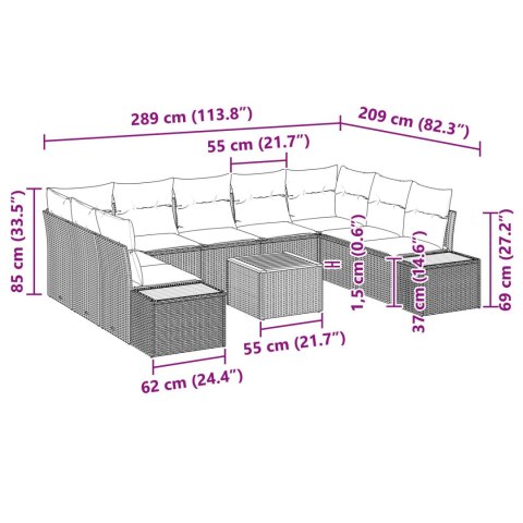 10-CZĘŚCIOWY ZESTAW SOF OGRODOWYCH Z PODUSZKAMI SZARY POLIRATTAN AKACJA