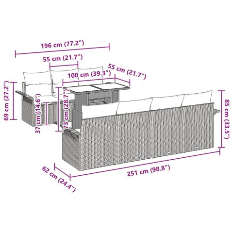8 CZĘŚCIOWY ZESTAW SOFY OGRODOWEJ Z PODUSZKAMI CZARNY POLIRATTAN