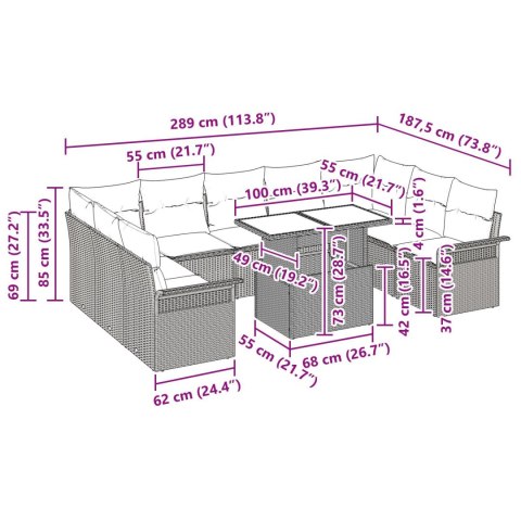 10-ELEMENTOWY ZESTAW SOF OGRODOWYCH Z PODUSZKAMI Z CZARNEGO POLIRATTANU
