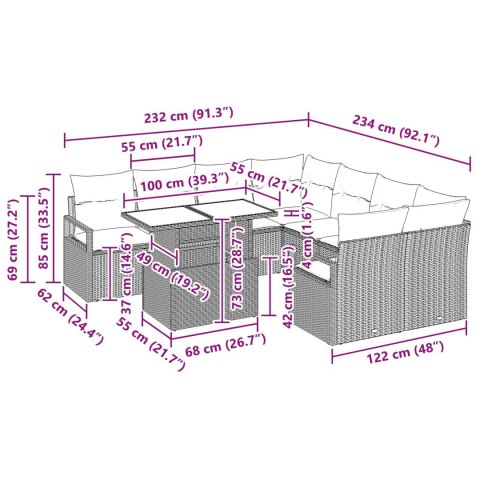 9-CZĘŚCIOWY ZESTAW SOFY OGRODOWEJ Z PODUSZKAMI SZARY POLIRATTAN 2-OSOBOWA SOFA OGRODOWA Z PODUSZKAMI SZARY POLIRA