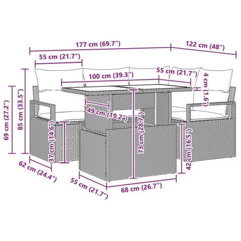 ZESTAW 5-CZĘŚCIOWY SZAREJ SOFY OGRODOWEJ Z PODUSZKAMI Z POLIRATTANU 2-OSOBOWA SZARA SOFA OGRODOWA Z PODUSZKAMI Z