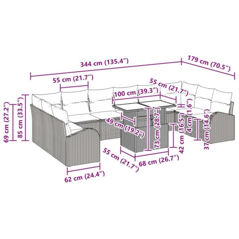 VidaXL Zestaw kanap ogrodowych z poduszkami w brązowym rattanie poli, 11 elementów