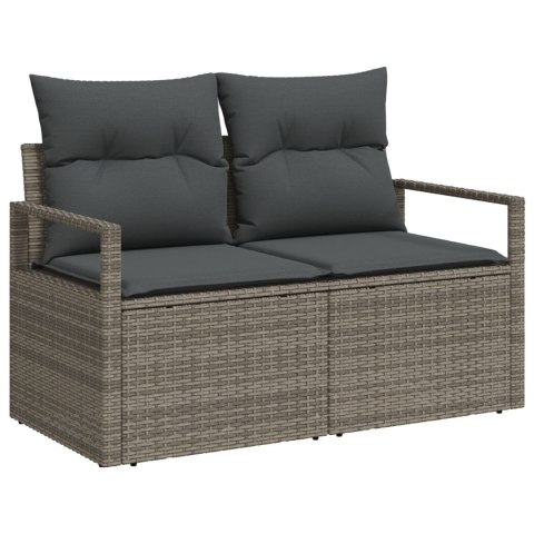 ZESTAW 5-CZĘŚCIOWY SOF OGRODOWYCH Z PODUSZKAMI SZARY RATTAN POLI SOFA OGRODOWA 2-OSOBOWA Z PODUSZKAMI SZARY RATTAN POLI