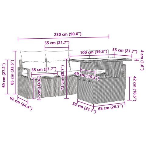ZESTAW 5-CZĘŚCIOWY SOF OGRODOWYCH Z PODUSZKAMI SZARY RATTAN POLI SOFA OGRODOWA 2-OSOBOWA Z PODUSZKAMI SZARY RATTAN POLI