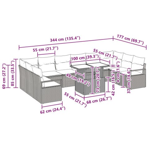11-CZĘŚCIOWY ZESTAW SOFY OGRODOWEJ Z PODUSZKAMI SZARY POLIRATTAN 2-OSOBOWA SOFA OGRODOWA Z PODUSZKAMI SZARY POLIR