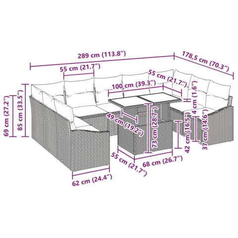 10-CZĘŚCIOWY ZESTAW SOF OGRODOWYCH Z PODUSZKAMI SZARY POLIRATTAN