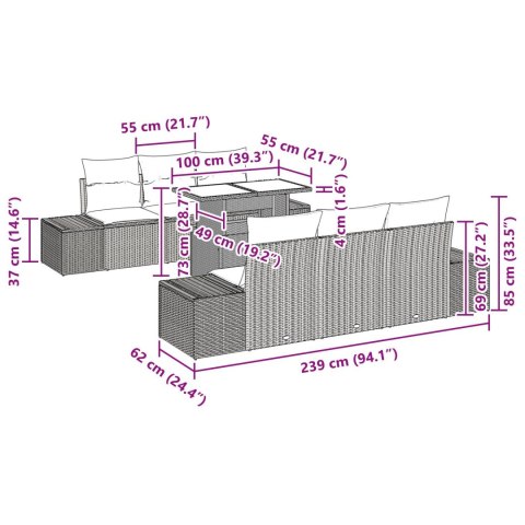 7-CZĘŚCIOWY ZESTAW SOF OGRODOWYCH Z PODUSZKAMI SZARY POLIRATTAN