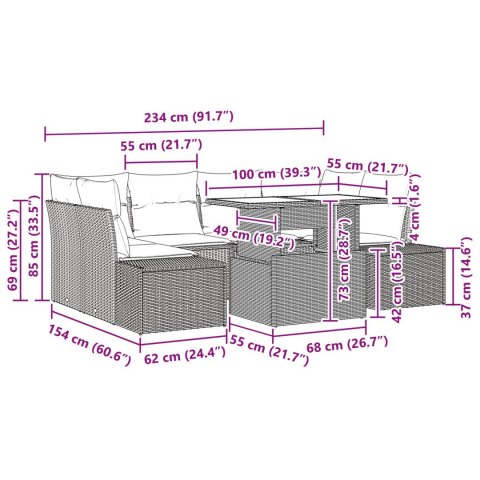 ZESTAW 7-CZĘŚCIOWY SOF OGRODOWYCH Z PODUSZKAMI CZARNY POLY RATTAN