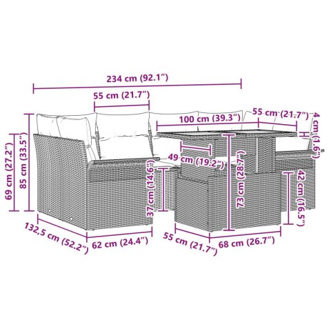 BEŻOWY ZESTAW SOFY OGRODOWEJ Z 7 ELEMENTAMI ORAZ PODUSZKAMI Z POLIRATTANU I AKACJI