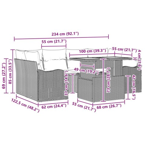 7-CZĘŚCIOWY ZESTAW SOFY OGRODOWEJ Z PODUSZKAMI SZARY POLY RATTAN AKACJA 2-OSOBOWA SOFA OGRODOWA Z PODUSZKAMI SZAR