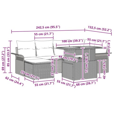 7-CZĘŚCIOWY ZESTAW DO JADALNI OGRODOWEJ Z PODUSZKAMI SZARY POLIRATTAN AKACJA