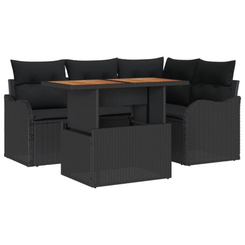 5-CZĘŚCIOWY ZESTAW SOFA OGRODOWA Z PODUSZKAMI CZARNY RATTAN ACACIA 2-OSOBOWA SOFA OGRODOWA Z PODUSZKAMI CZARNY RATTAN