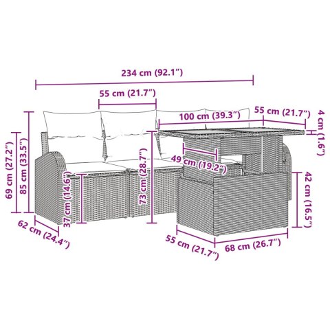 5-CZĘŚCIOWY ZESTAW DO JADALNI Z PODUSZKAMI CZARNY POLIRATTAN AKACJA