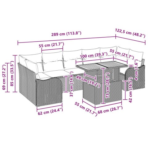8 ELEMENTOWY ZESTAW SOFY OGRODOWEJ Z PODUSZKAMI BEŻOWY RATTAN POLI AKACJA SOFA OGRODOWA 2-OSOBOWA Z PODUSZKAMI BE
