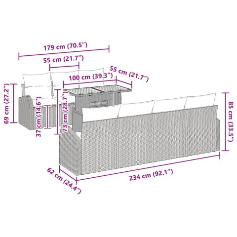 8-CZĘŚCIOWY ZESTAW JADALNY DO OGRODU Z PODUSZKAMI SZARY POLI RATTAN AKACJA