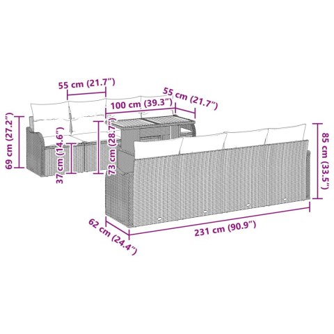 9-CZĘŚCIOWY ZESTAW SOFY OGRODOWEJ Z SZARYMI PODUSZKAMI Z RATTANU AKACJOWEGO 2-OSOBOWA SOFA OGRODOWA Z SZARYMI POD