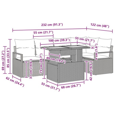 6-CZĘŚCIOWY ZESTAW SOF OGRODOWYCH Z PODUSZKAMI SZARY POLIRATTAN AKACJA 2-OSOBOWA SOFA OGRODOWA Z PODUSZKAMI SZARY