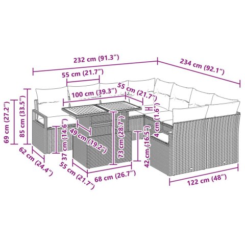 9-ELEMENTOWY ZESTAW SOFY OGRODOWEJ Z PODUSZKAMI SZARY POLIRATTAN AKACJA 2-OSOBOWA KANAPA OGRODOWA Z PODUSZKAMI SZ