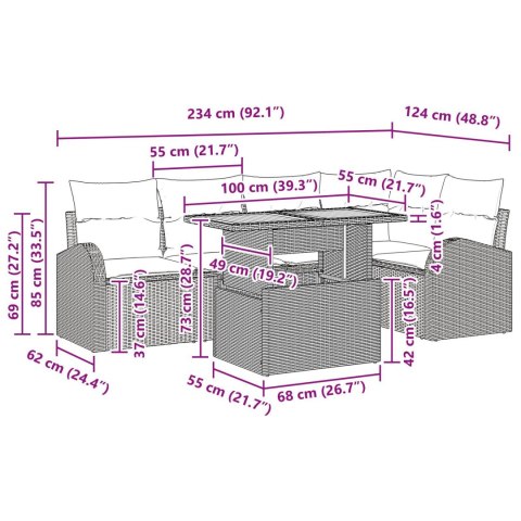 ZESTAW DO JADALNI OGRODOWEJ 6 CZĘŚCI Z PODUSZKAMI SZARY POLIRATTAN AKACJA